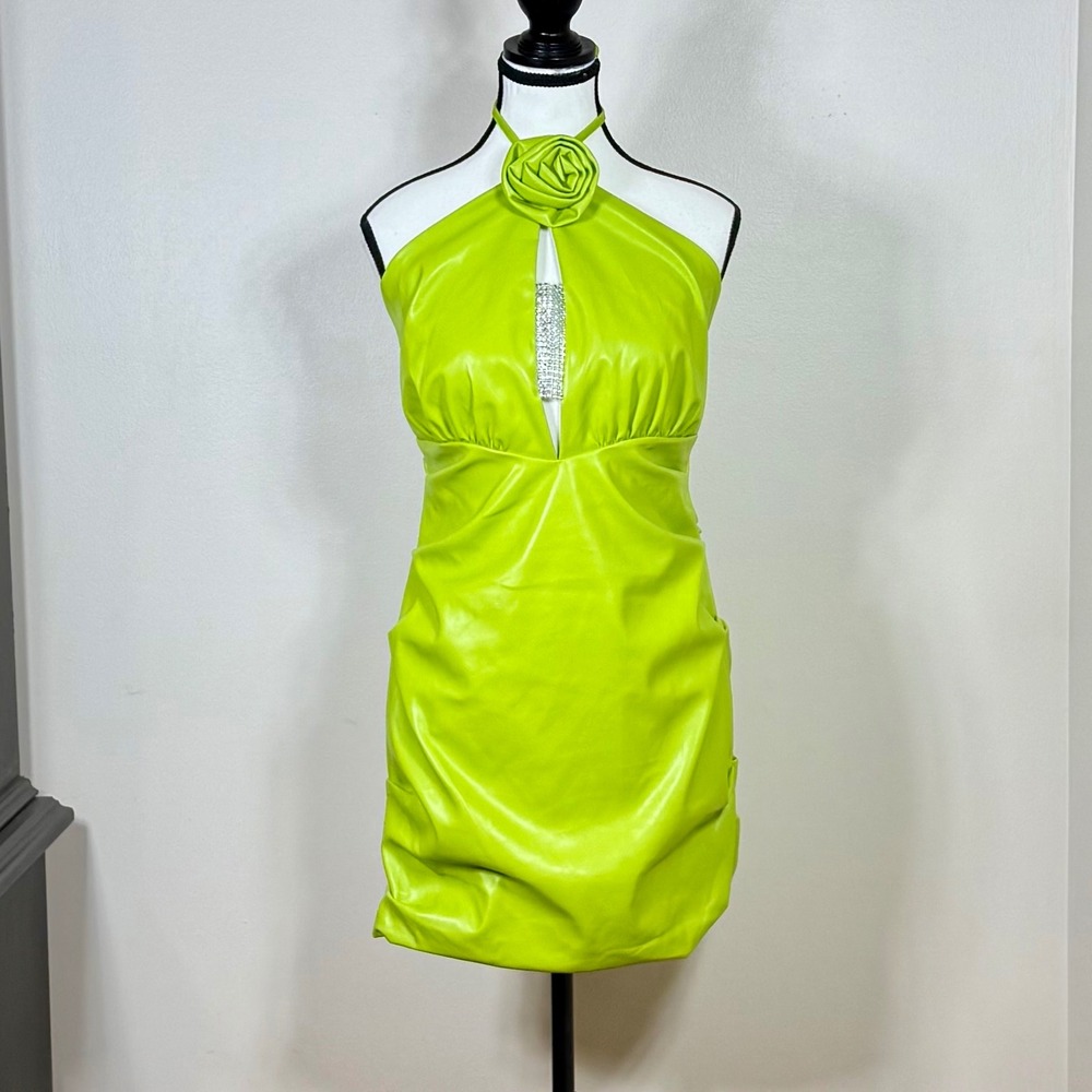 AKIRA Women Faux Leather Halter Mini Dress L Lime Green Rosette Y2K Baddie Party
